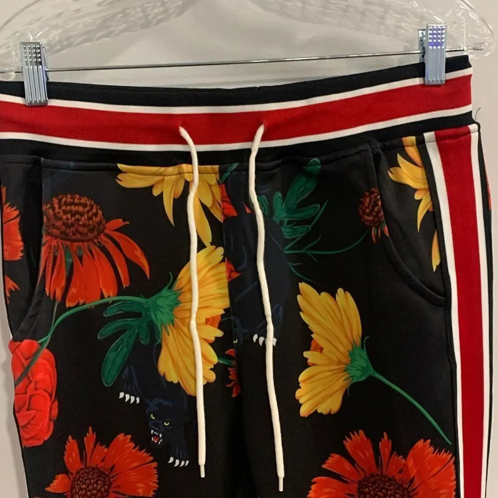 Reason Black and Red Floral Sweatpants with Sporty Stripes